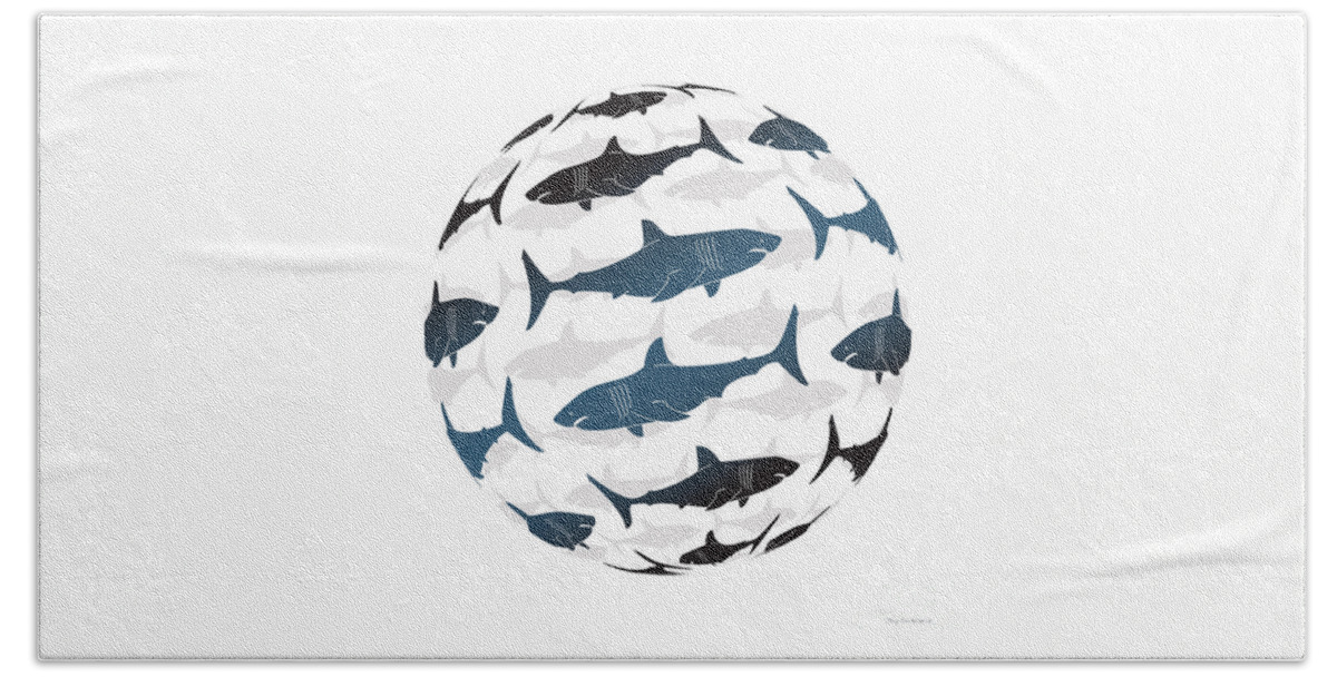 Shark Bath Sheet featuring the painting Swimming Blue Sharks Around The Globe by Amy Kirkpatrick
