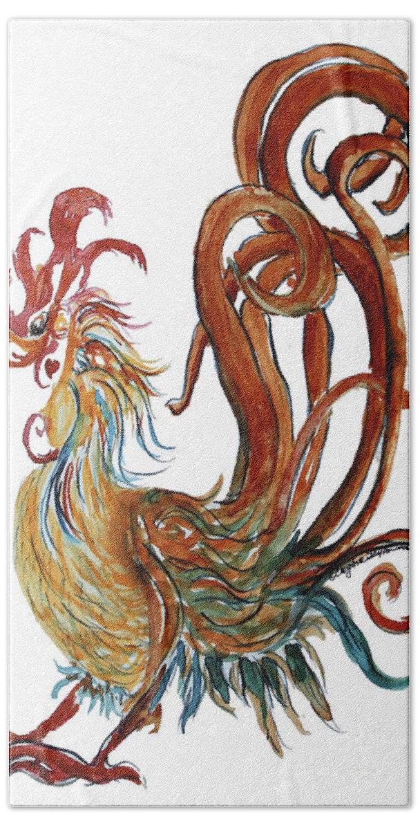 Watercolor Hand Towel featuring the painting Swirly Heart Rooster by CheyAnne Sexton