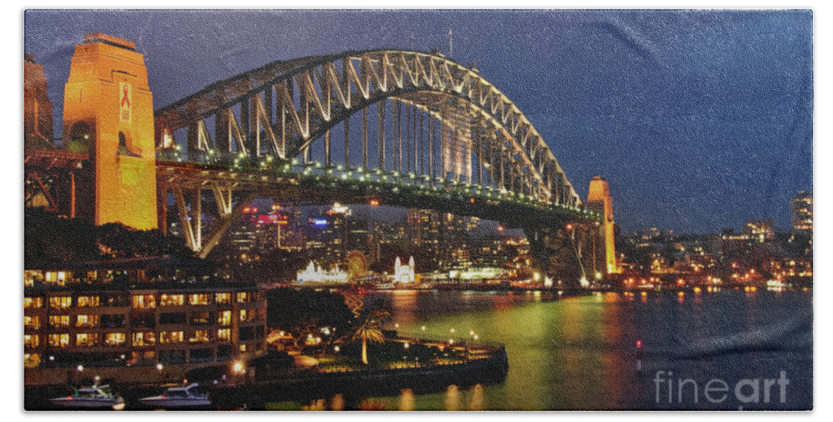 Sydney Harbour Bridge By Night Bath Sheet featuring the photograph Sydney Harbour Bridge by Night by Kaye Menner