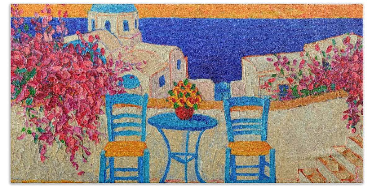 Greece Bath Towel featuring the painting Table For Two In Santorini Greece by Ana Maria Edulescu