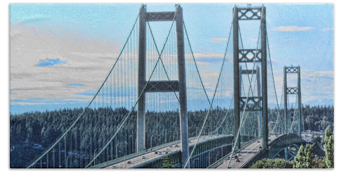 Tacoma Narrows Bridge Framed Prints Bath Towel featuring the photograph Tacoma Narrows Bridge 51 by Ron Roberts