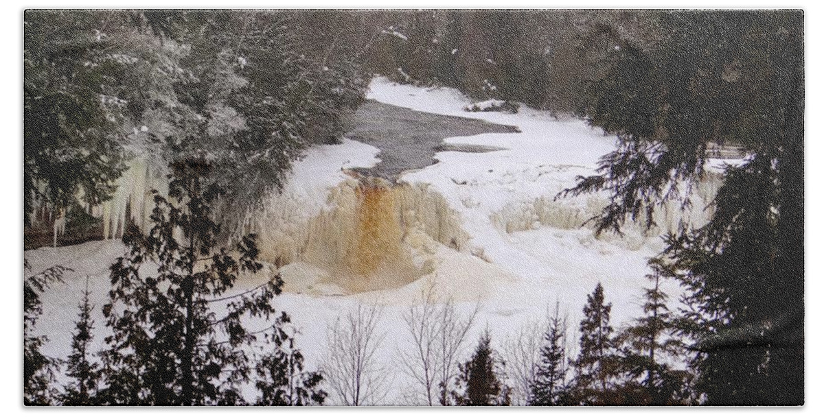 Waterfall Hand Towel featuring the photograph Tahquamenon Falls in Winter by Keith Stokes