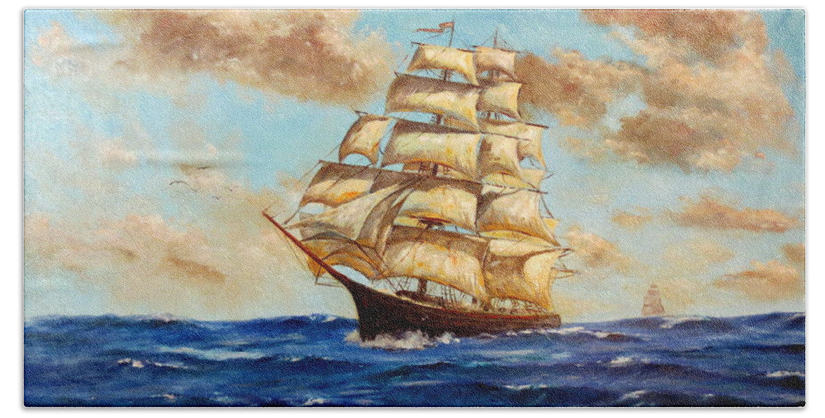 Lee Piper Hand Towel featuring the painting Tall Ship On The South Sea by Lee Piper