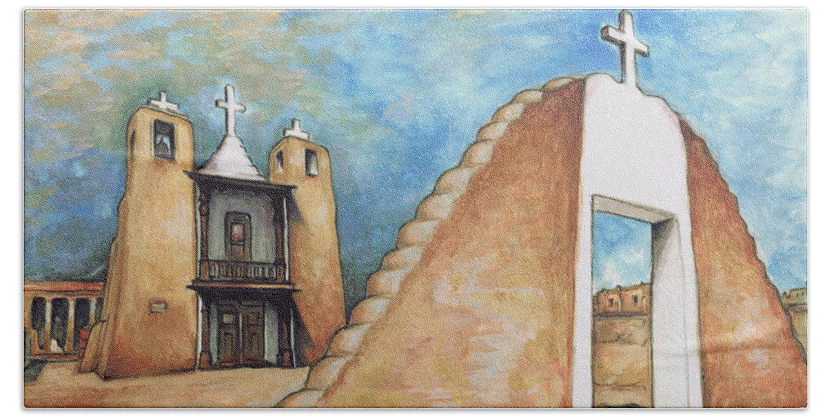 Taos+pueblo Bath Towel featuring the painting Taos Pueblo New Mexico - Watercolor Art Painting by Peter Potter