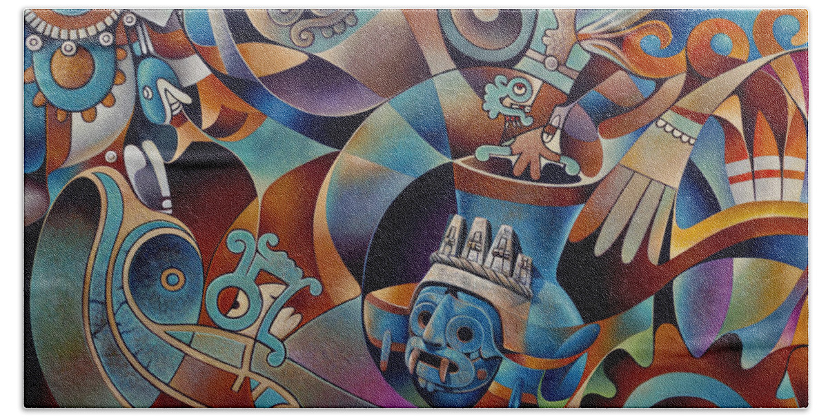 Aztec Bath Towel featuring the painting Tapestry of Gods - Tlaloc by Ricardo Chavez-Mendez