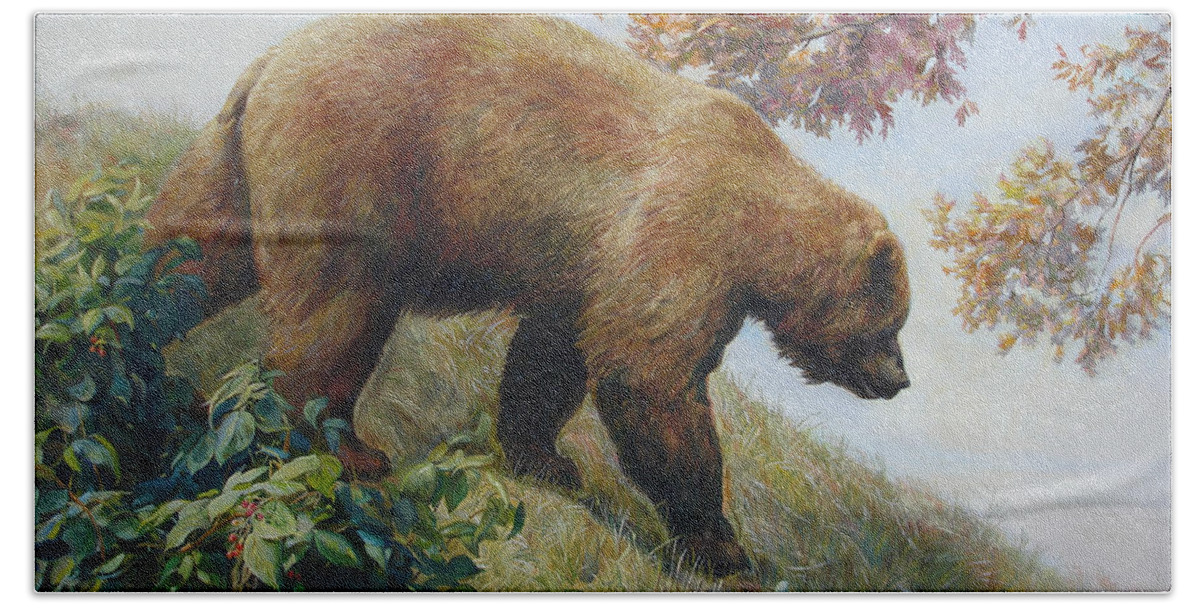 Bear Hand Towel featuring the painting Tasty Raspberries for Our Bear by Svitozar Nenyuk