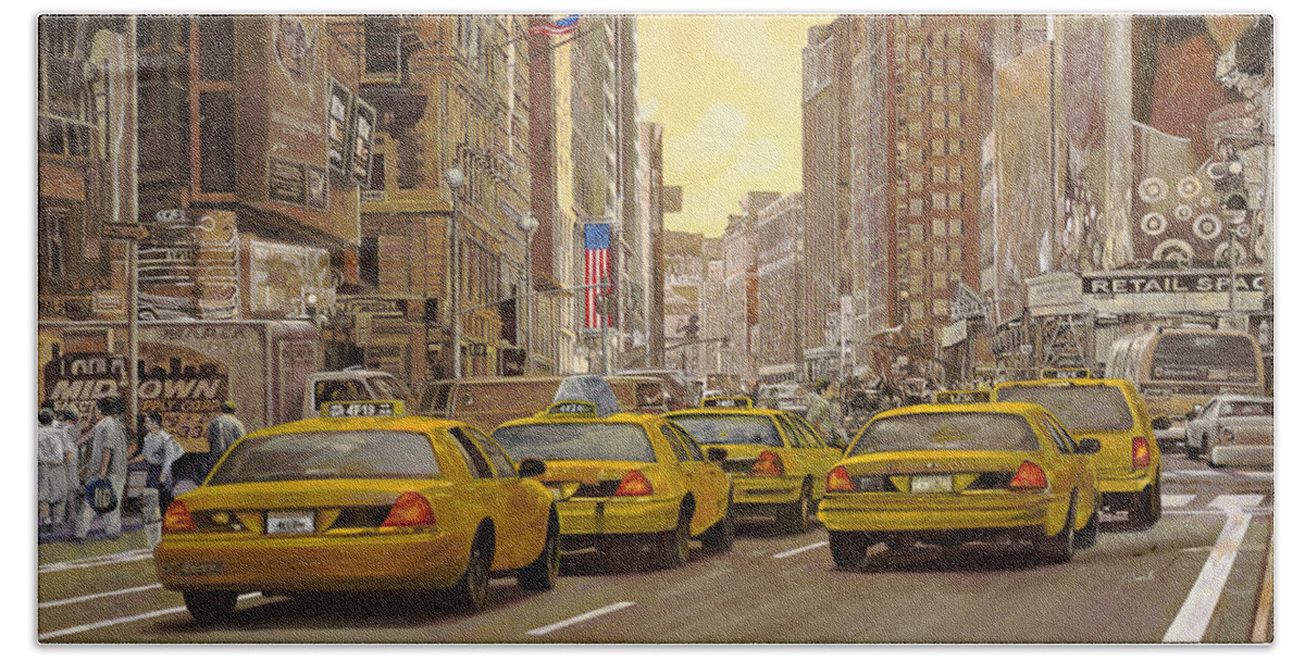 New York Hand Towel featuring the painting yellow taxi in NYC by Guido Borelli