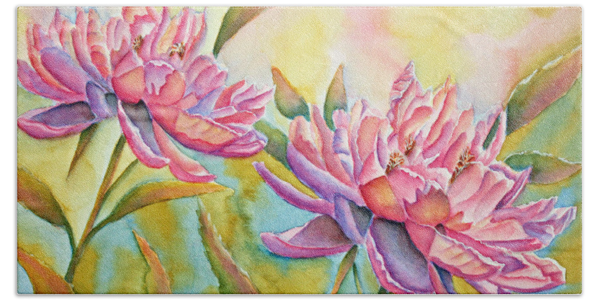 Peony Bath Towel featuring the painting Tea For Two by Kathryn Duncan