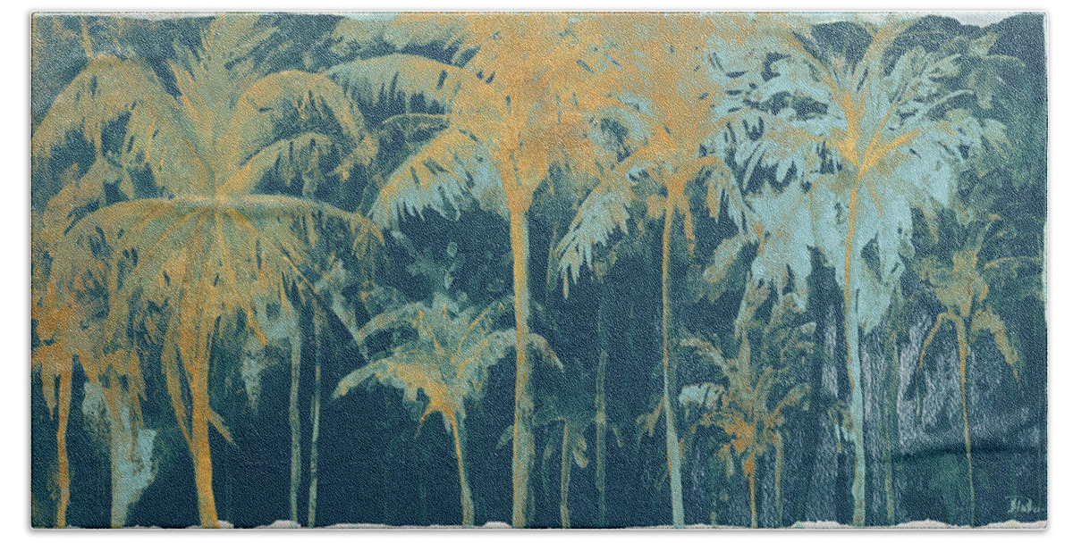 Teal Hand Towel featuring the painting Teal And Gold Palms by Patricia Pinto