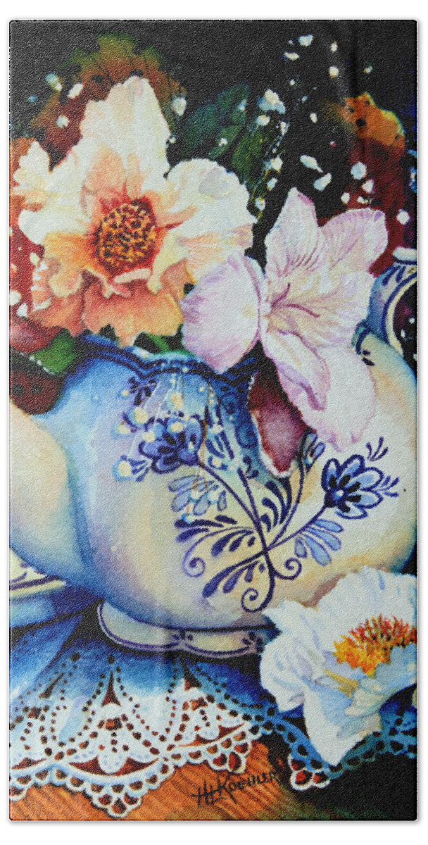 Teapot Posies And Lace Painting Hand Towel featuring the painting Teapot Posies And Lace by Hanne Lore Koehler