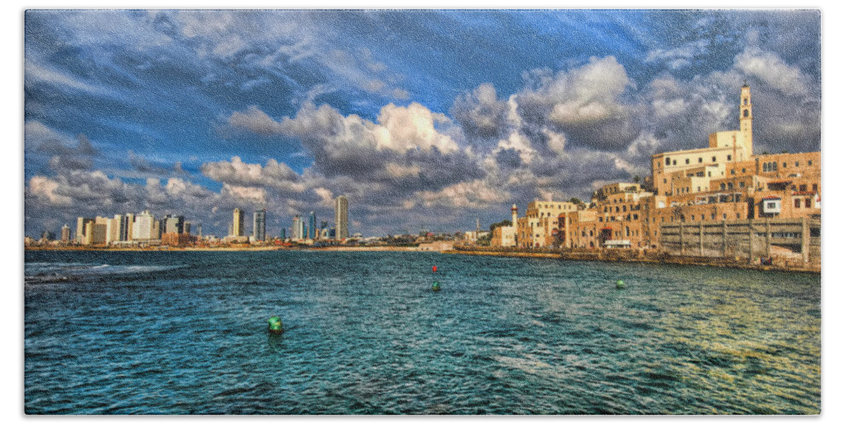Old City Hand Towel featuring the photograph Tel Aviv Jaffa shoreline by Ron Shoshani