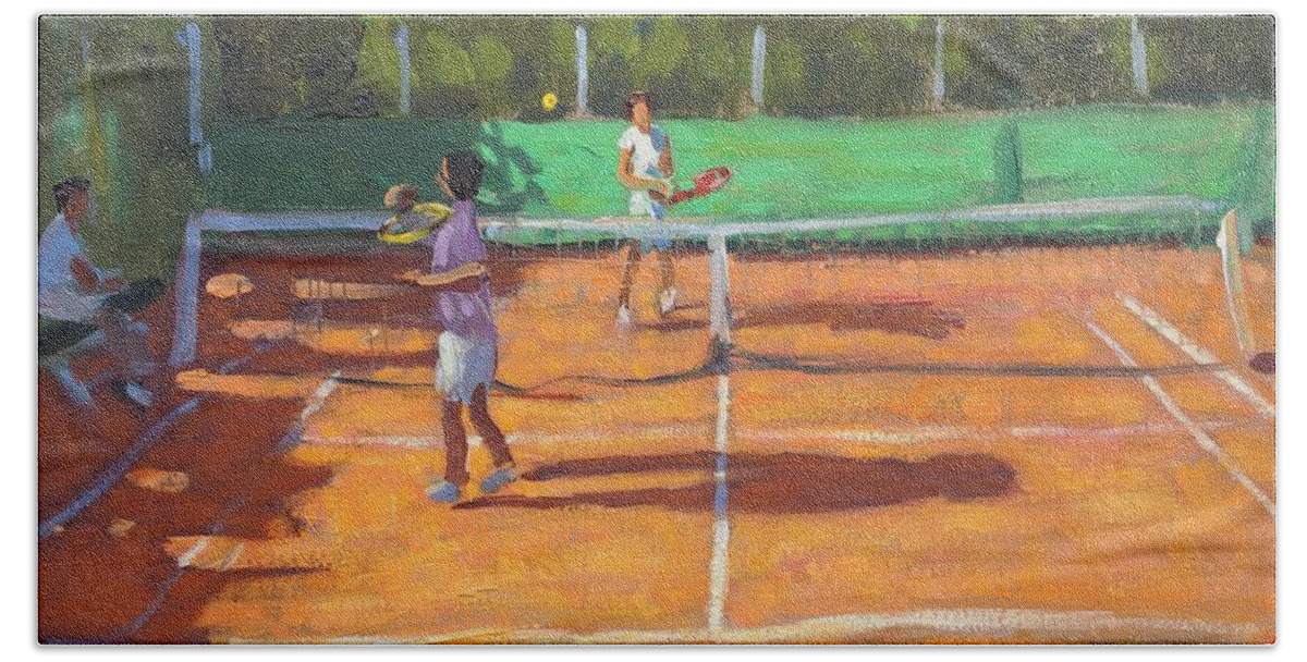 Tennis Hand Towel featuring the painting Tennis practice by Andrew Macara