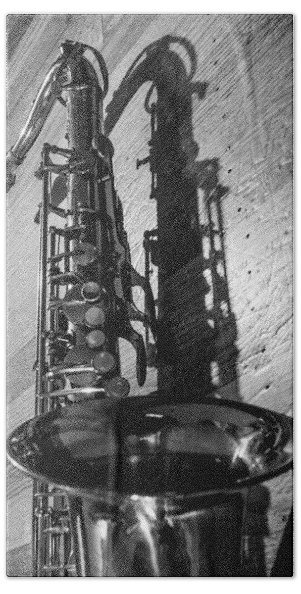 Tenor Bath Towel featuring the photograph Tenor Saxophone Black and White Vertical by Photographic Arts And Design Studio