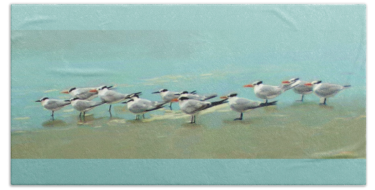 Ponce Inlet Bath Towel featuring the digital art Tern Tern Tern by Deborah Boyd