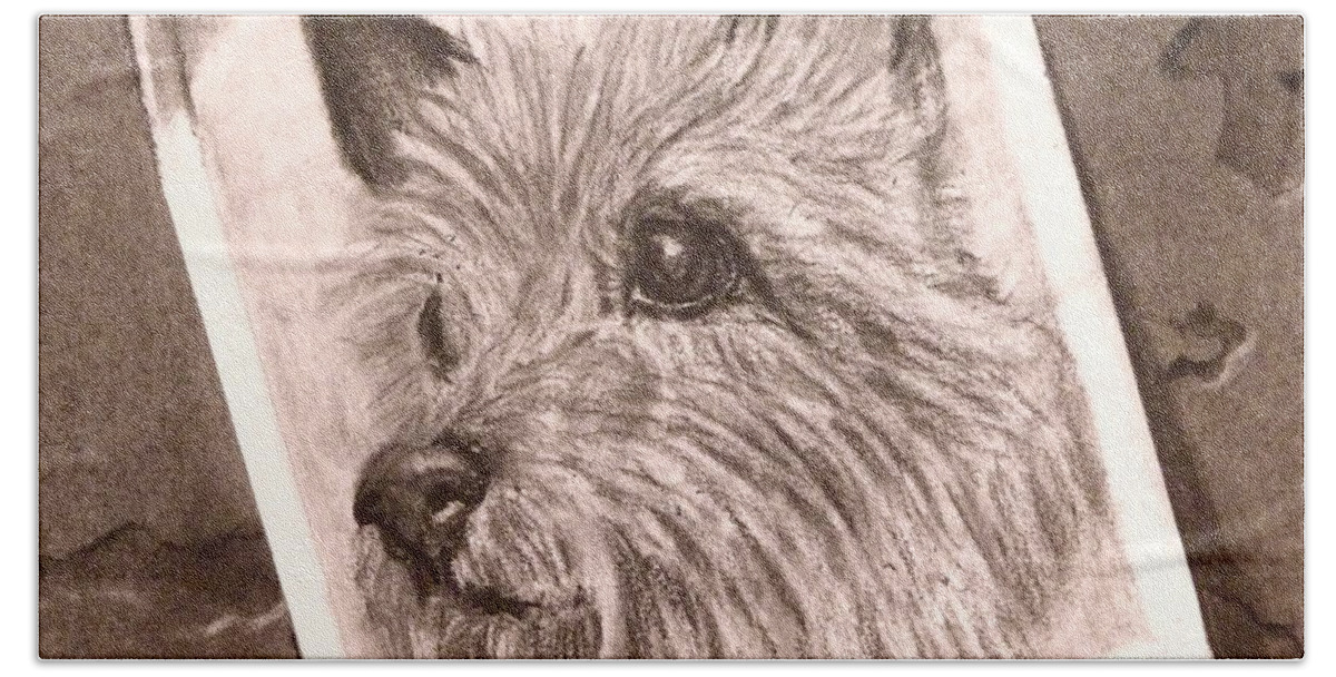 Cairn Terrier Bath Towel featuring the drawing Terrier as Optical Illusion by Susan A Becker