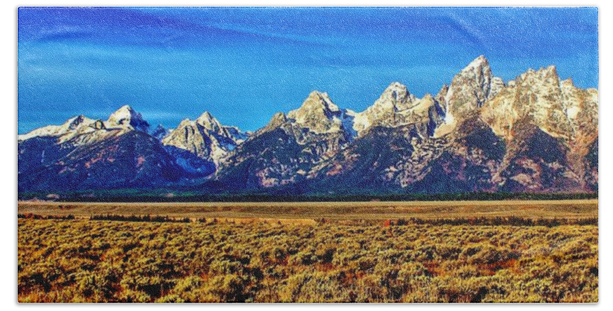 Grand Tetons Hand Towel featuring the photograph Teton Panorama by Benjamin Yeager
