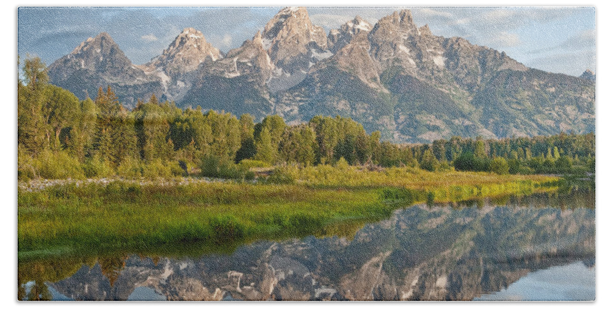 Awe Bath Towel featuring the photograph Teton Range Reflected in the Snake River by Jeff Goulden