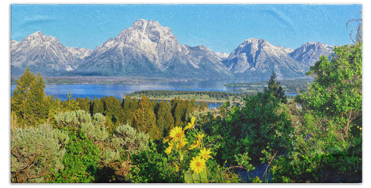 Grand Teton National Park Bath Towel featuring the photograph Teton Spring from Signal Mtn Summit by Greg Norrell