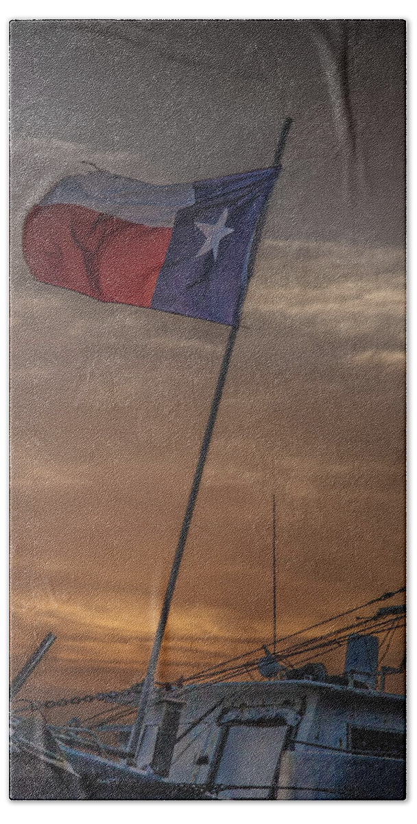 Migration Bath Towel featuring the photograph Texas Flag Flying from a Fishing Boat at Sunrise by Randall Nyhof