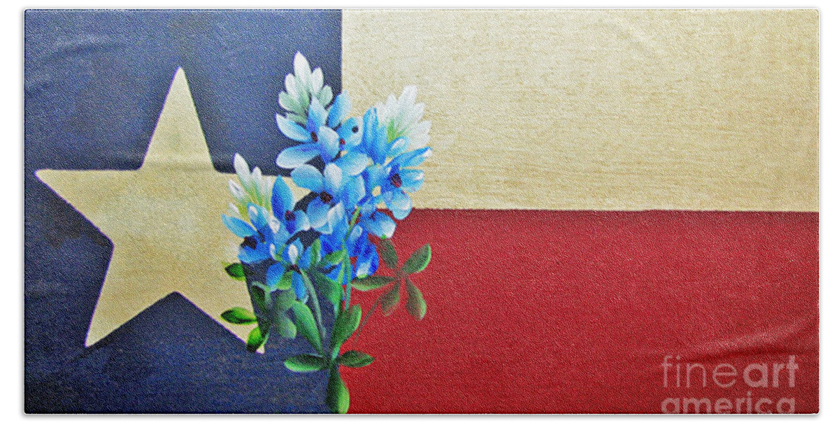 Texas Flag Bath Towel featuring the painting Texas Flag with Bluebonnets by Jimmie Bartlett