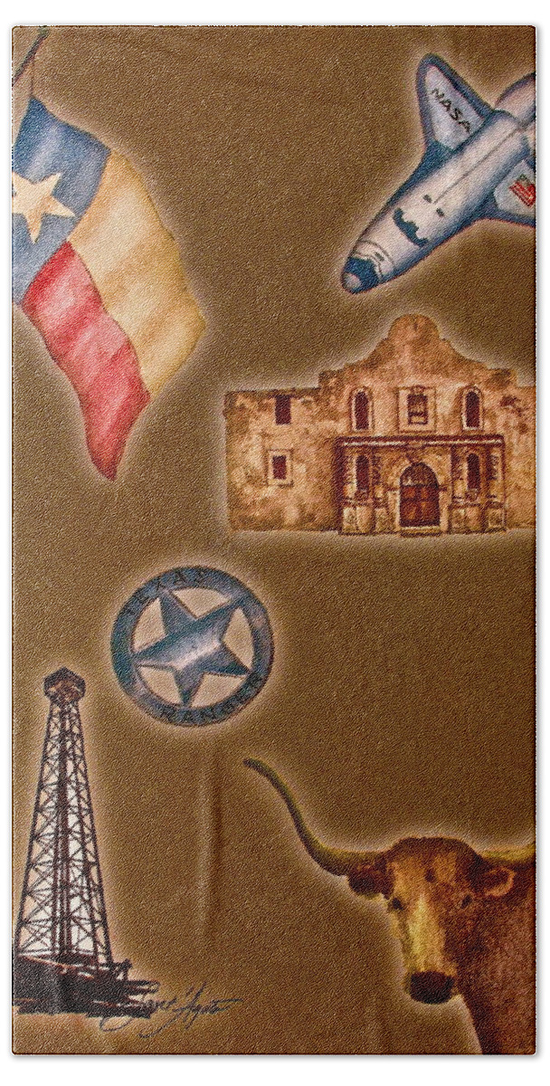 Texas Bath Towel featuring the painting Texas Icons Poster by Sant'Agata by Frank SantAgata