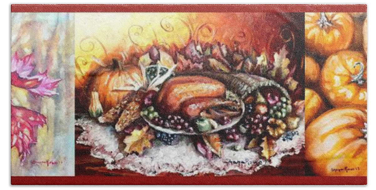 Thanksgiving Bath Towel featuring the painting Thanksgiving Autumnal Collage by Shana Rowe Jackson