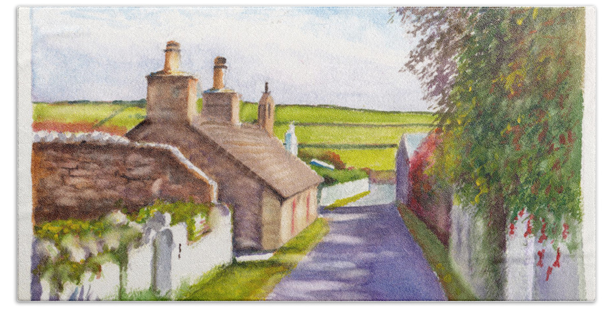 Landscape Bath Towel featuring the painting Thatched Cottage Cregneash Isle of Man by Dai Wynn