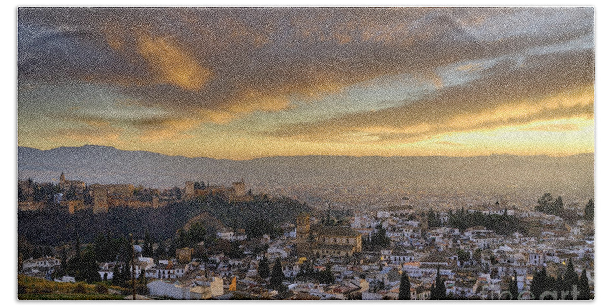 Alhambra Hand Towel featuring the photograph The Alhambra Granada and Albaicin at sunset by Guido Montanes Castillo