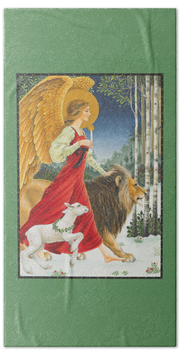 Angel Bath Sheet featuring the painting The Angel The Lion and The Lamb by Lynn Bywaters