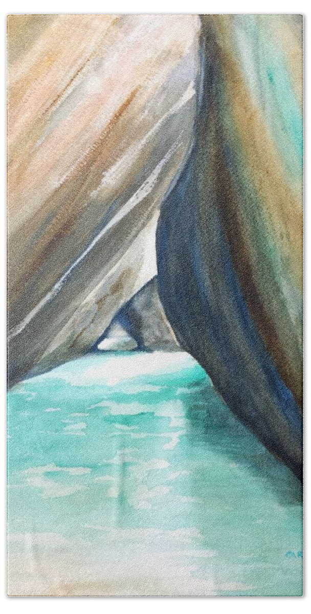 The Baths Hand Towel featuring the painting The Baths Turquoise by Carlin Blahnik CarlinArtWatercolor