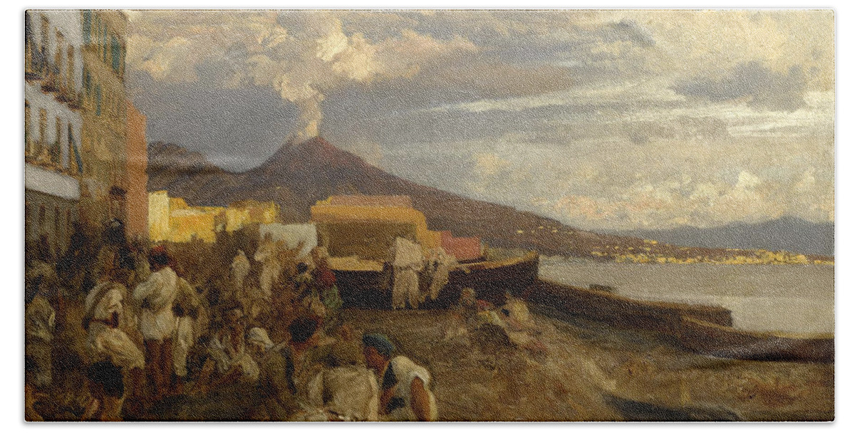 Oswald Achenbach Bath Towel featuring the painting The Bay of Naples. Vesuvius Beyond by Oswald Achenbach