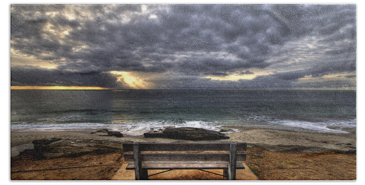Ocean Bath Towel featuring the photograph The Bench by Peter Tellone