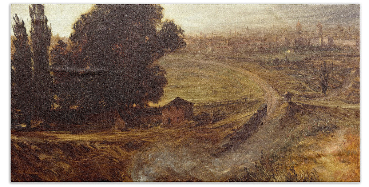 Adolph Von Menzel Bath Towel featuring the painting The Berlin-Potsdam Railway by Adolph von Menzel