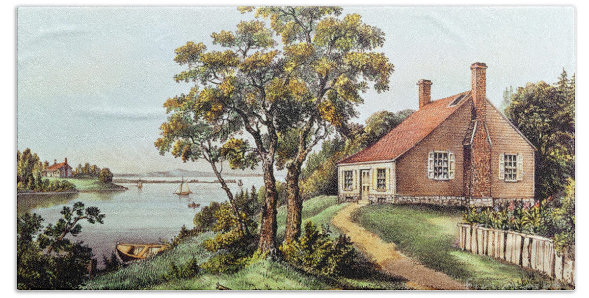 Birth Bath Towel featuring the painting The Birthplace of Washington at Bridges Creek by Currier and Ives