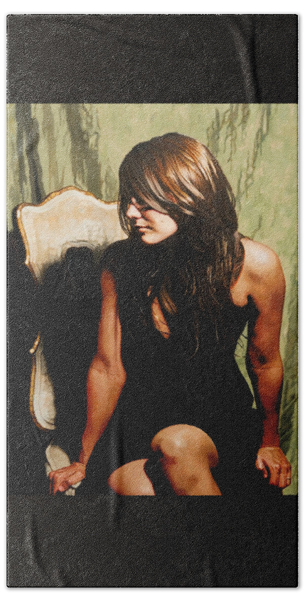 Woman Sitting Bath Towel featuring the painting The Black Dress by Patrick Whelan