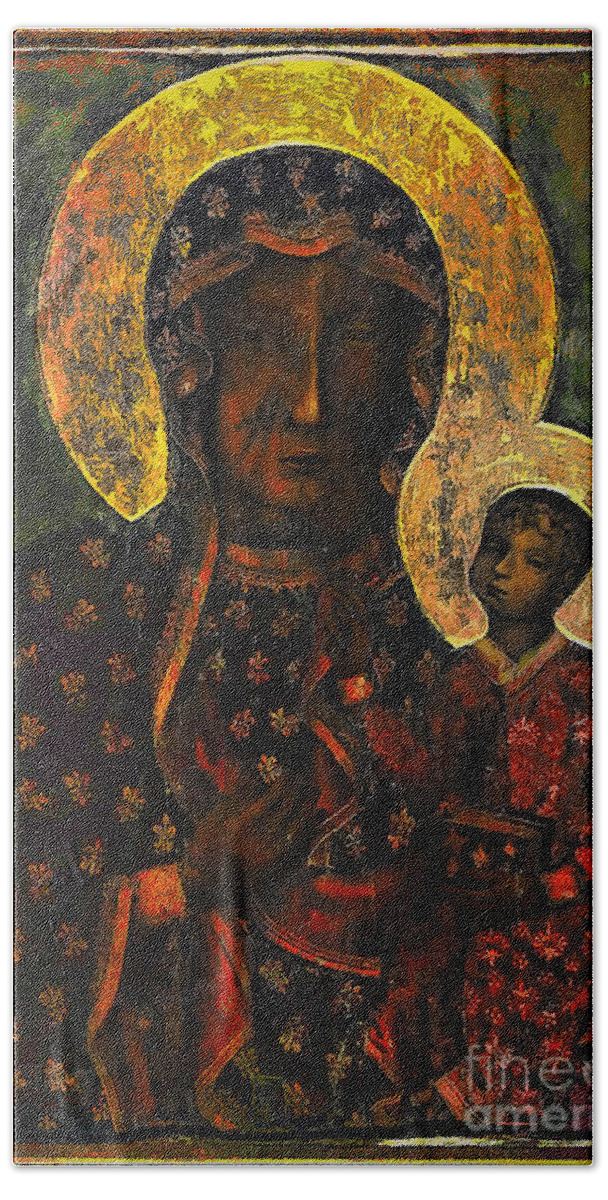 Poland Hand Towel featuring the painting The Black Madonna by Andrzej Szczerski