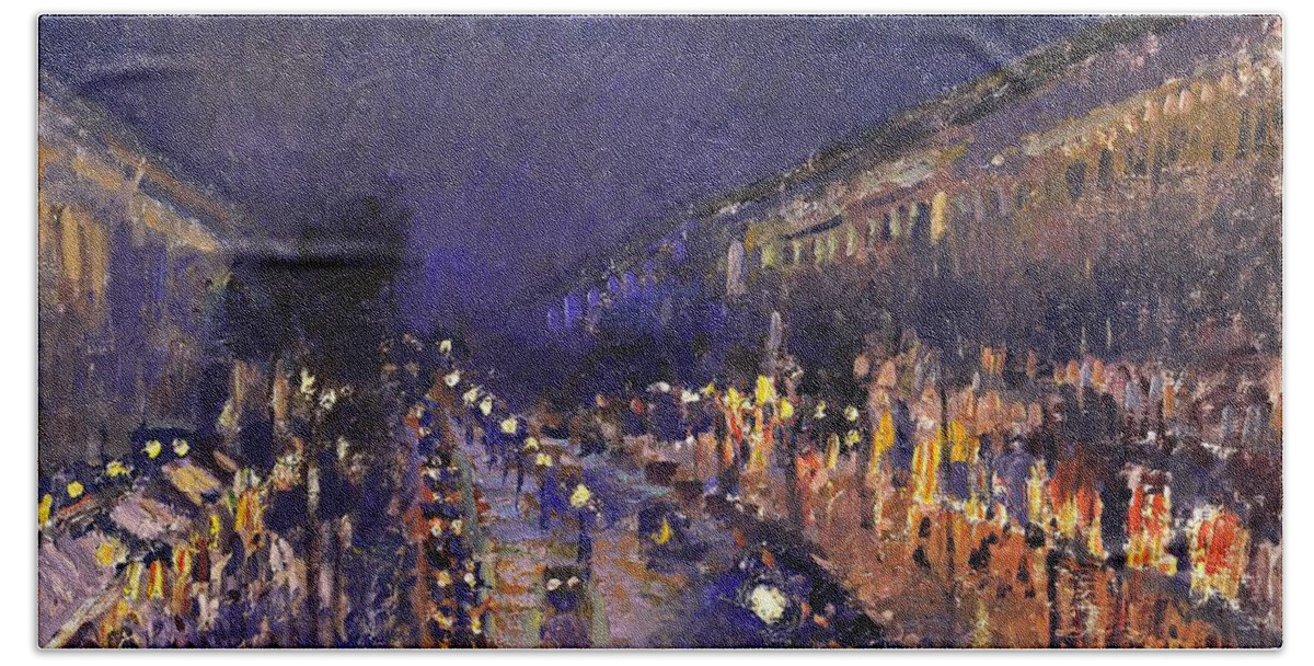 Camille Pissarro Bath Towel featuring the painting The Boulevard Montmartre At Night by Camille Pissarro