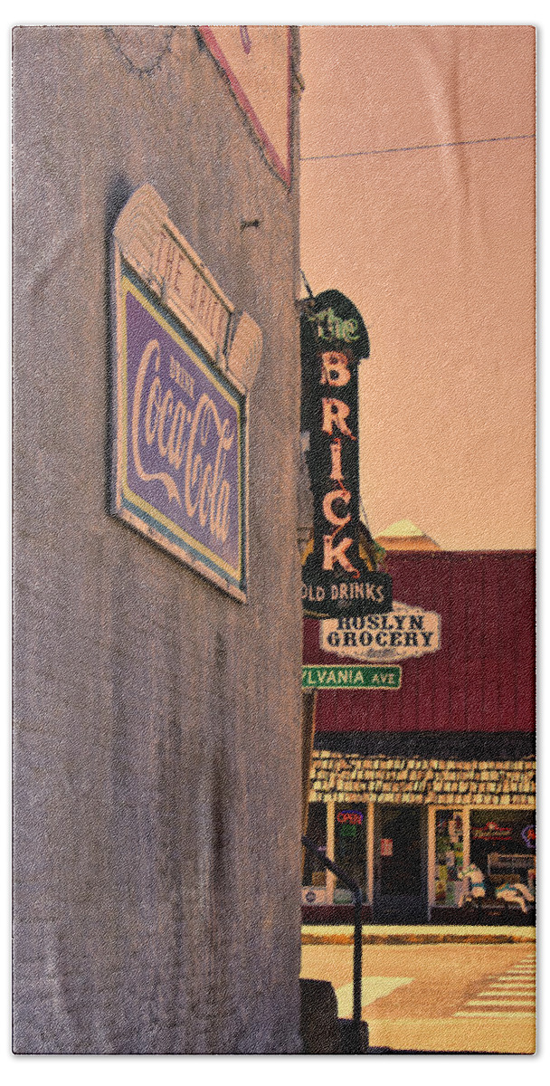 Pub Sign Bath Towel featuring the photograph The Brick at Sunset by Cathy Anderson