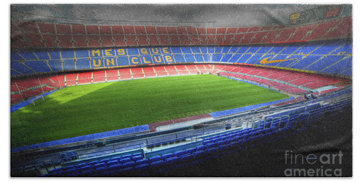 Camp Bath Towel featuring the photograph The Camp Nou stadium in Barcelona by Michal Bednarek