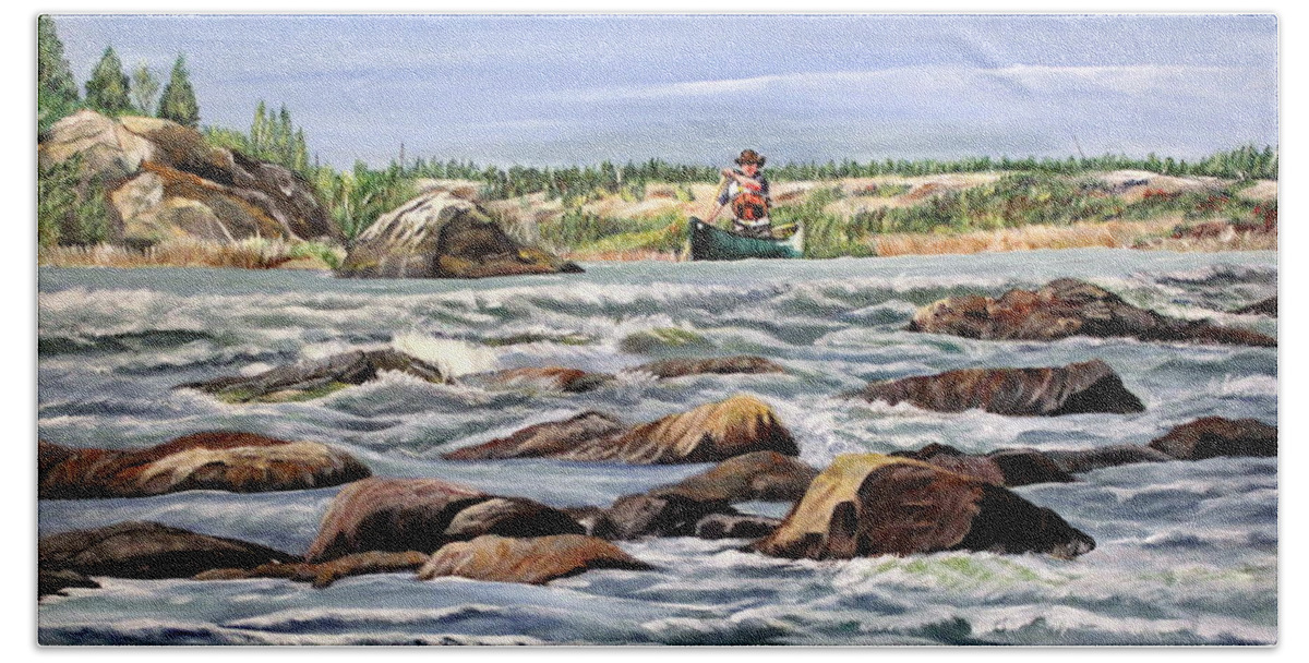 Canoe Bath Towel featuring the painting The Canoeist by Marilyn McNish