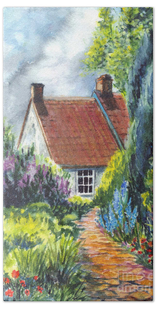 Watercolor Hand Towel featuring the painting The Cottage Garden Path by Carol Wisniewski