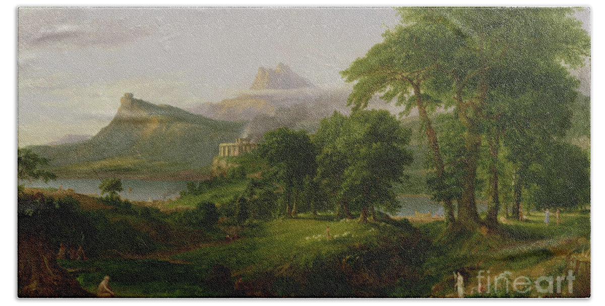 Thomas Hand Towel featuring the painting The Course of Empire  The Arcadian or Pastoral State by Thomas Cole