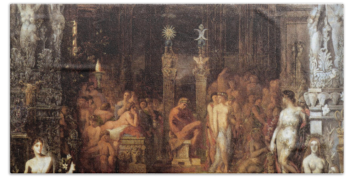 Gustave Moreau Bath Towel featuring the painting The Daughters of Thespius by Gustave Moreau
