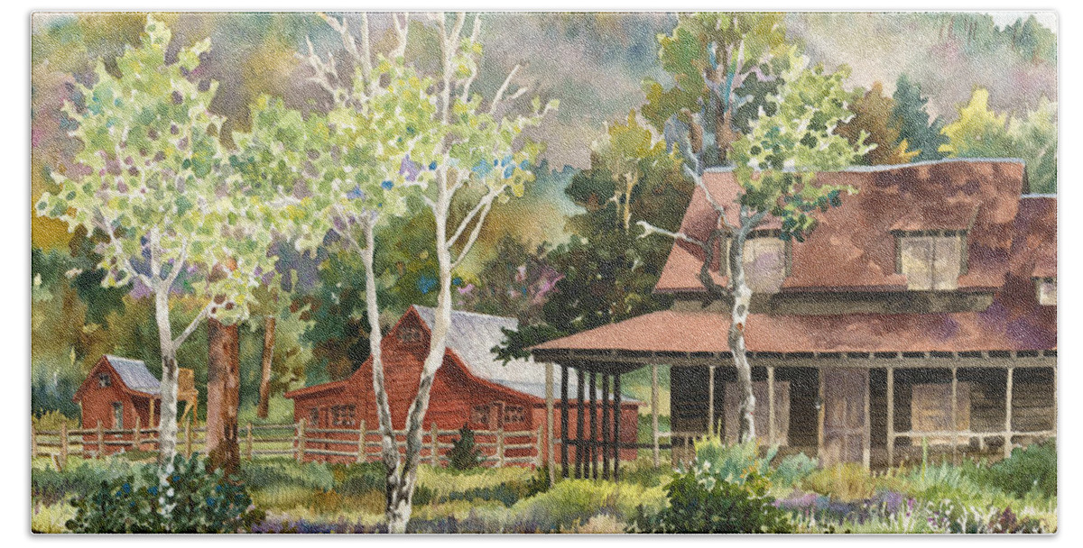 Barn Painting Bath Towel featuring the painting The DeLonde Homestead at Caribou Ranch by Anne Gifford