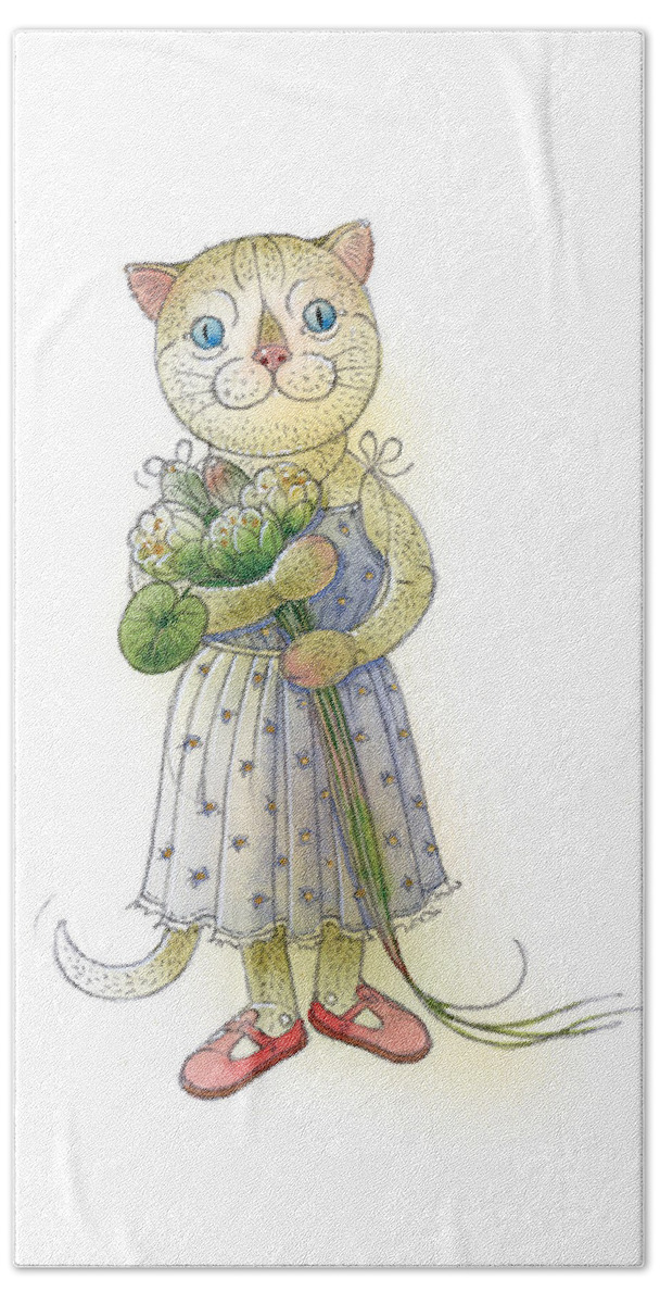 Cat Flowers Blue Greeting Card Bath Towel featuring the painting The Dream Cat 01 by Kestutis Kasparavicius