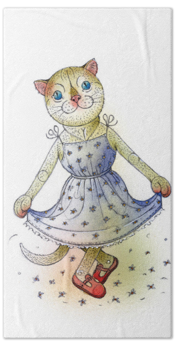 Cat Greeting Card Blue Flowers Bath Towel featuring the painting The Dream Cat 03 by Kestutis Kasparavicius