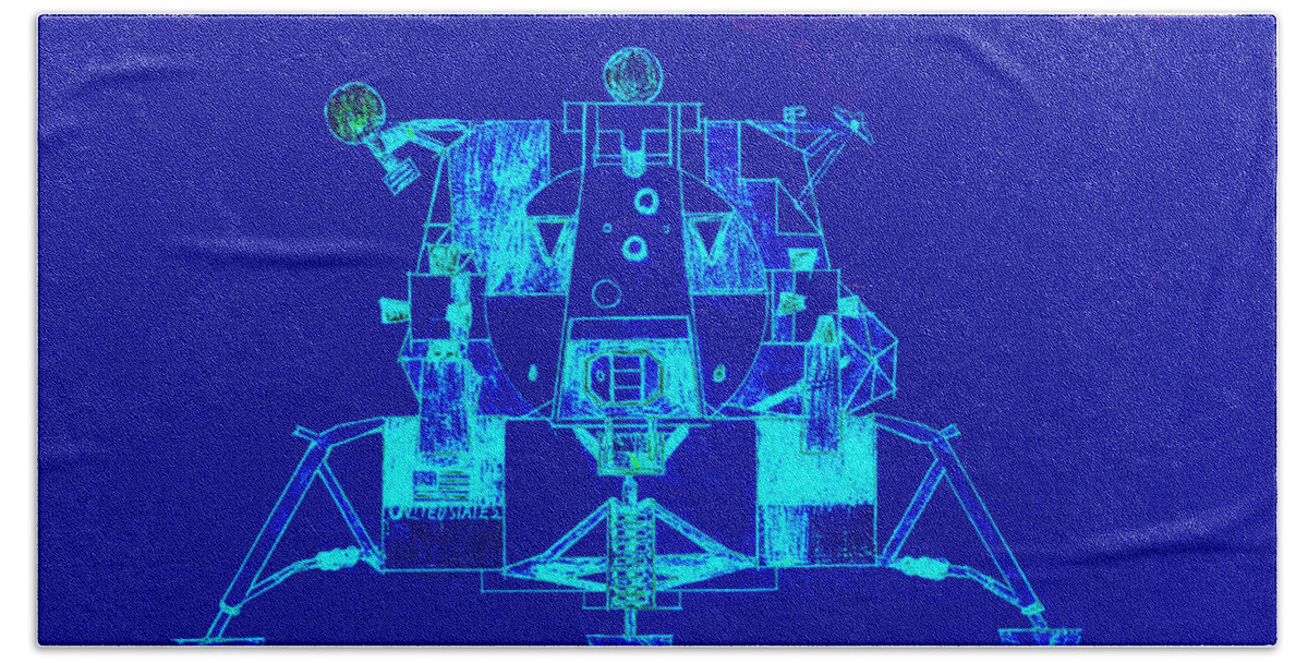 Blue Hand Towel featuring the digital art The Eagle apollo lunar module in blue by Tom Conway