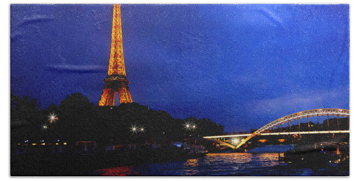 Crystal Bath Towel featuring the photograph The Eiffel Tower on the Seine at the Blue Hour by Mitchell R Grosky
