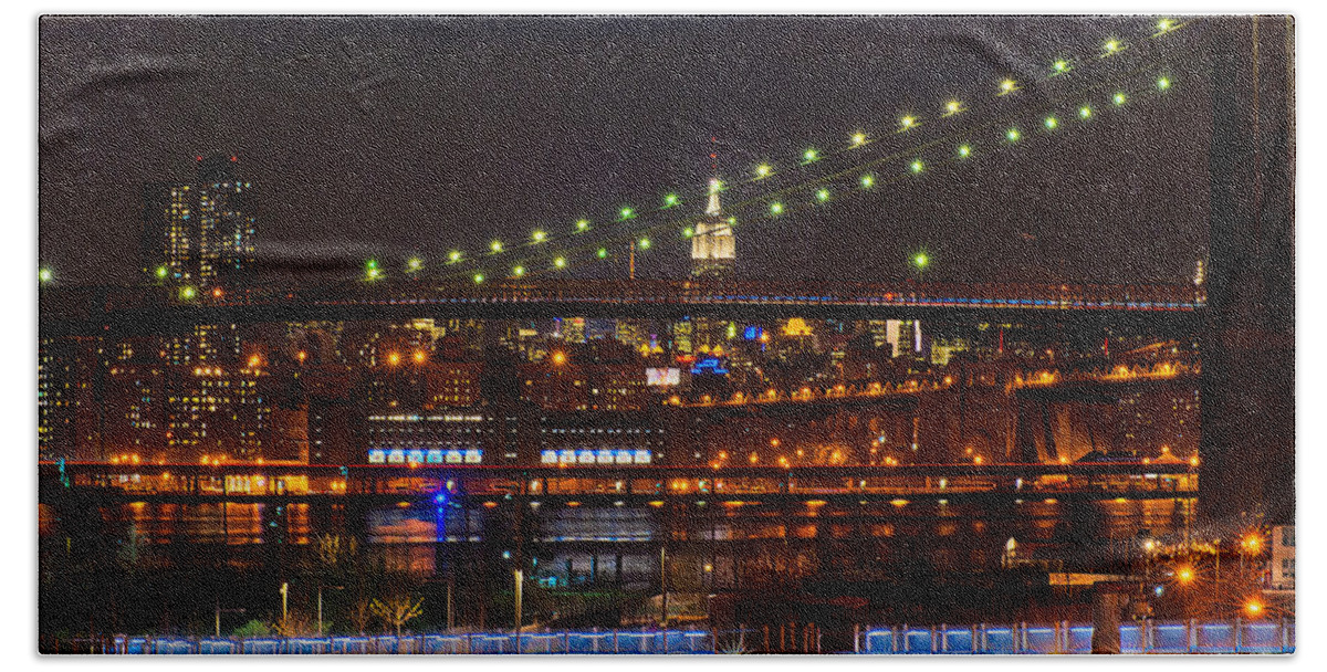 Amazing Brooklyn Bridge Photos Hand Towel featuring the photograph The Empire State Building Framed by the Brooklyn Bridge by Mitchell R Grosky