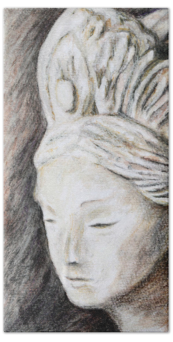 Kuan Yin Hand Towel featuring the drawing The face of Quan Yin by Danuta Bennett